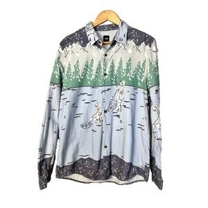 ASOS Soft Flannel Button Down Mens Large Ice Fishing Whimsical Winter‎ Colorful